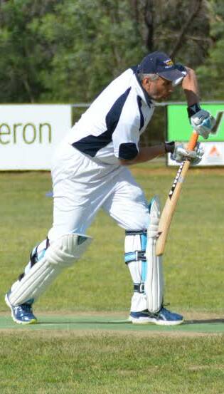 STRONG: Mark Elia looks to block the ball in the first representative cricket match of the season, which saw the team beat Brocklesby. Picture: Brendan Gale. 
