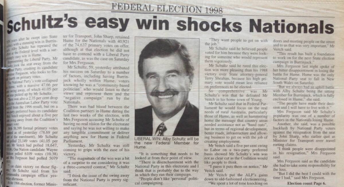 The Daily Advertiser reports on Alby Schultz's 1998 election to federal parliament.