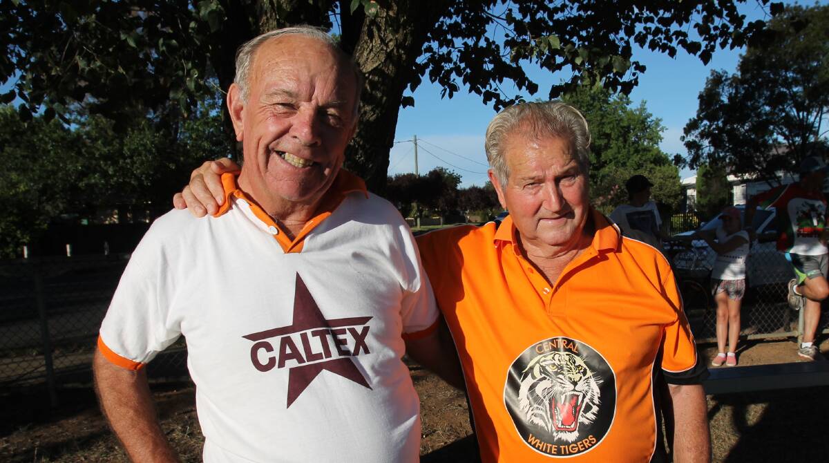 LOCAL LEGENDS: Tom Spain, 74, and Terry O'Keefe, 76, prove age is no barrier to having fun with some mates and a football. Picture: Harrison Vesey