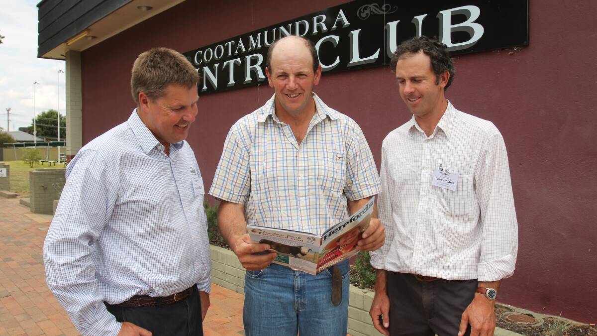 SHARING KNOWLEDGE: MLA Red Meat Innovation general manager Alex Ball, local producer Geoff Bush and YavenVale Herefords stud manager James Pearce. Picture: Harrison Vesey