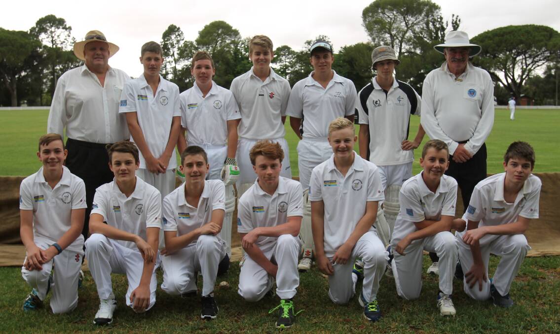 FIRST XI: Umpires Jeff White and Pat Kerin with the team (back) Tom Miller, Sam Sheahan, Will Bailey, Luke Levett, Matt Knagge, (front) Max Tiernan, Ted Hines, Daniel Perry, Jack Caldwell, Lachlan Cook, Tom Drew, Nicholas Simons.