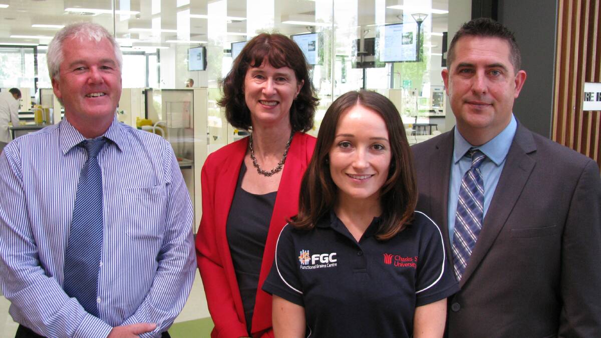 BOFFINS: At the opening of the new $2 million Functional Grains Centre at CSU Wagga are executive dean of science Professor Tim Wess, executive director for ARC biological sciences and biotechnology Dr Fiona Cameron, PhD student Ms Rebecca Barnett and FGC director Professor Chris Blanchard. Picture: CSU