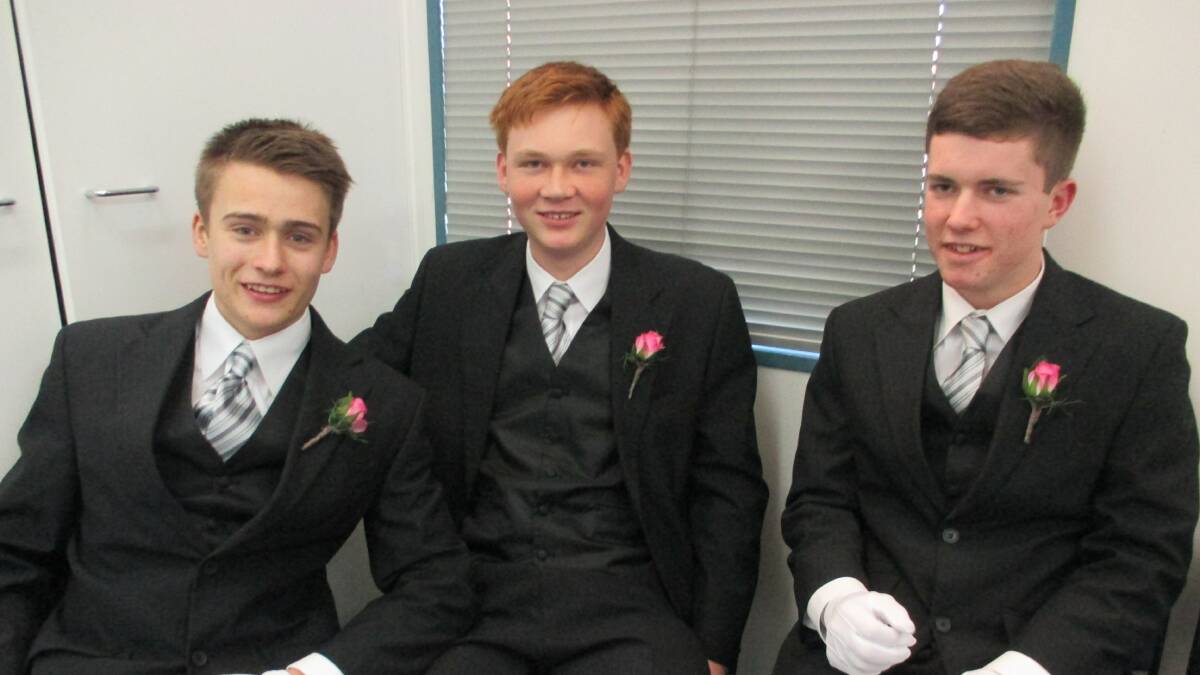 PATIENT BOYS: These young gentlemen were patiently waiting for their deb partners to be photographed prior to the Wattle time Ball -  Patrick Doidge, Ned Steinke, Jake Turner. Picture: Contributed