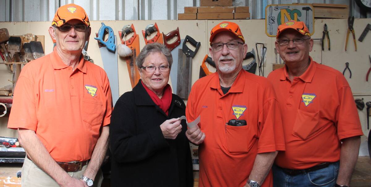WITH THANKS: Men's Shed vice president Bryan Gawthrop with Parkinson's Support Group member Helen Eccleston, president John Ashcroft and treasurer Ken You. Picture: Jennette Lees 