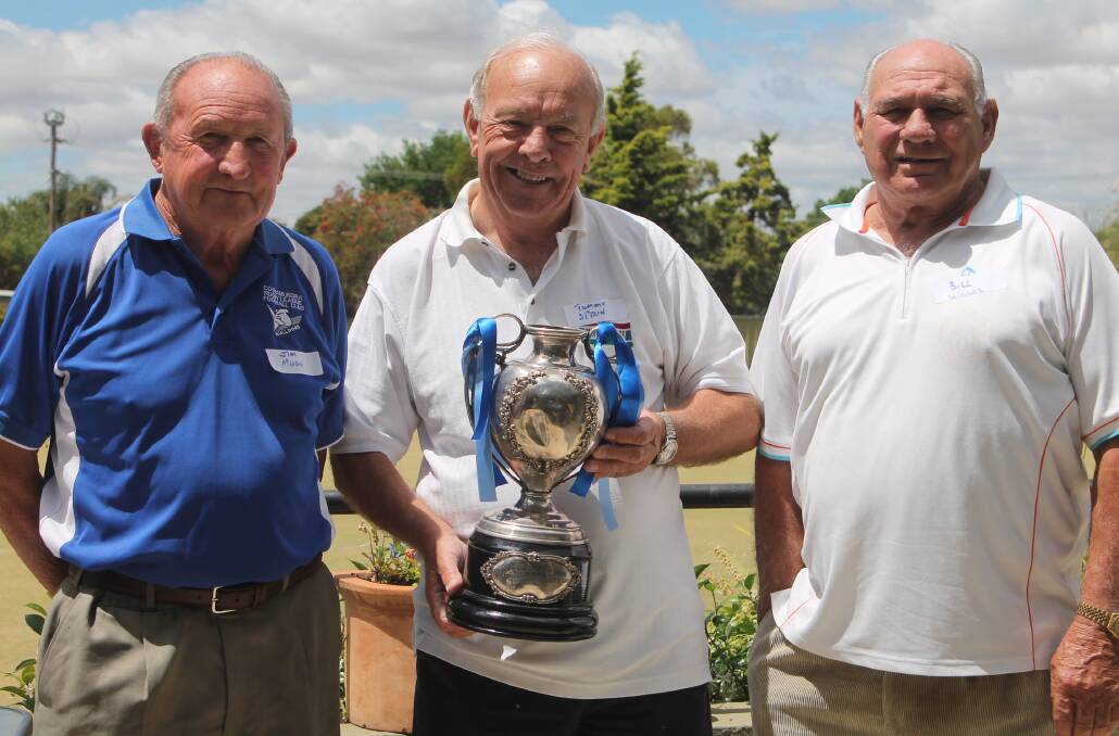 SILVERWARE: With the Maher Cup at the 2013 Riverina Men of League Bowls Day are Jim Moon, Tommy Spain and Bill Woods. Picture: M Chambers