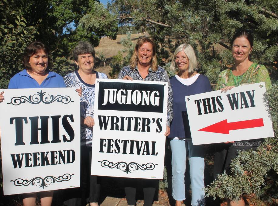 ALL SET: The group of writing enthusiasts behind the Jugiong Writers Festival - Jenny Glazebrook, Joy Coggan, Viv Thompson, Gillian Ingall and Freda Nicholls. 