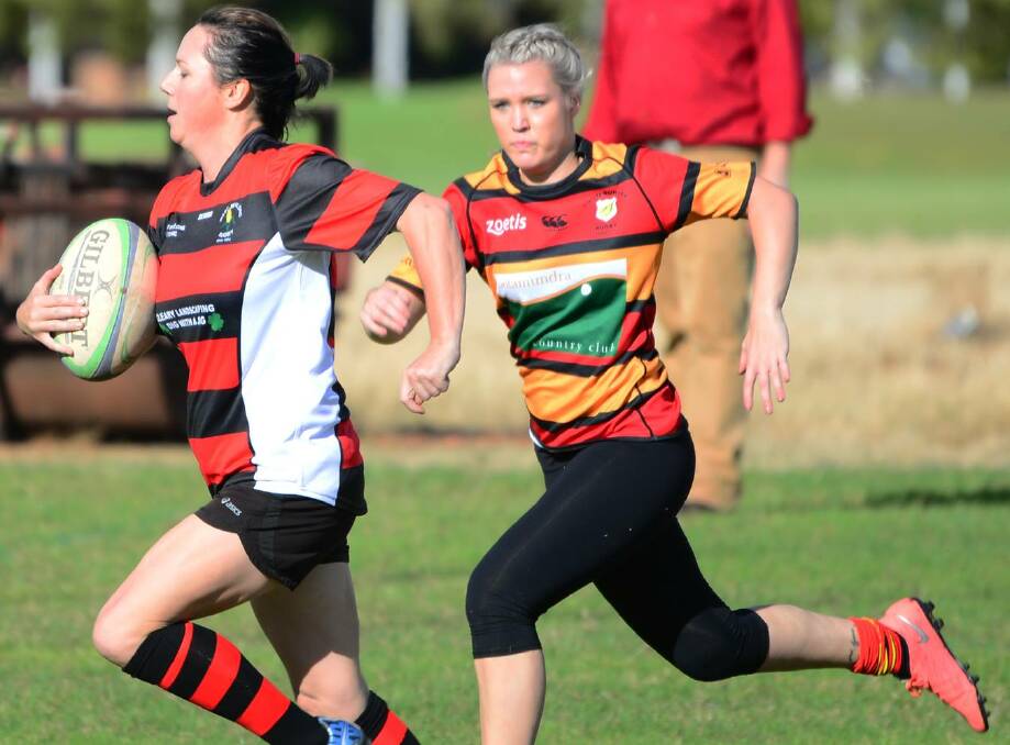 CHASE: Elisha Kelly gets her sprint on while chasing down her West Wyalong opponent on Saturday. Picture: Joanne Spackman, West Wyalong Rugby Club