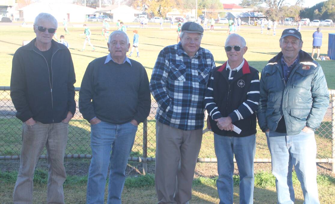 Barry Crick (right) enjoys a Bulldogs game from the sideline at Fisher Park with (from left) Bill Woods, Matt Perry, Jim Smith and Ken Bell. Picture: Melinda Chambers 
