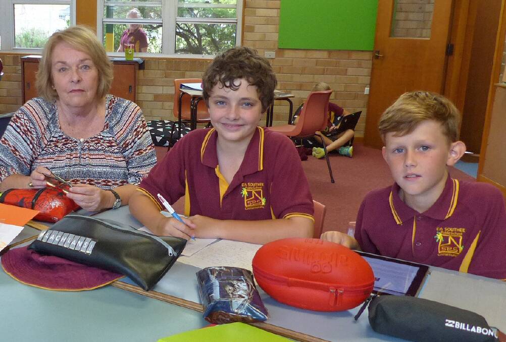 LEARNING: Teacher Judith Hall with EA Southee Public School students Lachlan McDermott and Kurtis Robinson. Picture: Contributed 