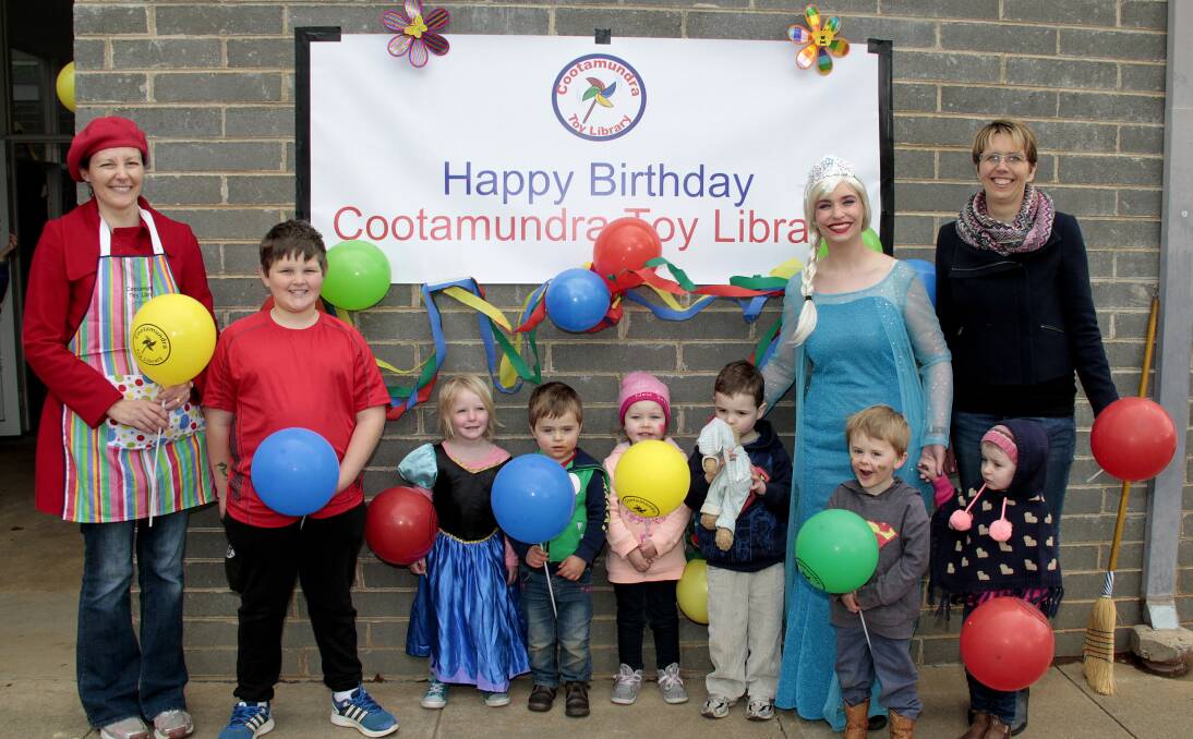 FUN DAY: President Tracey Moon, Caleb Lester, Felicity Lester, Charlie Main, Mia Wells, Leo Sutherland, Max Winsor, Rosie Dickinson, Emma Jones (Elsa)  and past president and Toy Library founder  Kerrie Murphy. Picture: K Manwaring 