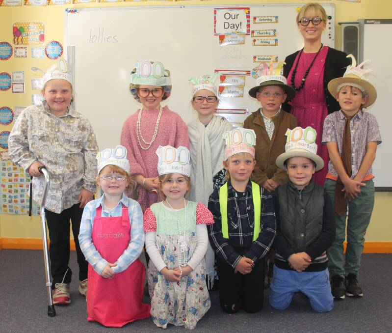 BACK TO THE FUTURE: Jugiong Public School kindergarten to year two students, and teacher Miss Skinner, dress as 100-year-olds to mark 100-days at school. Picture: Jennette Lees 