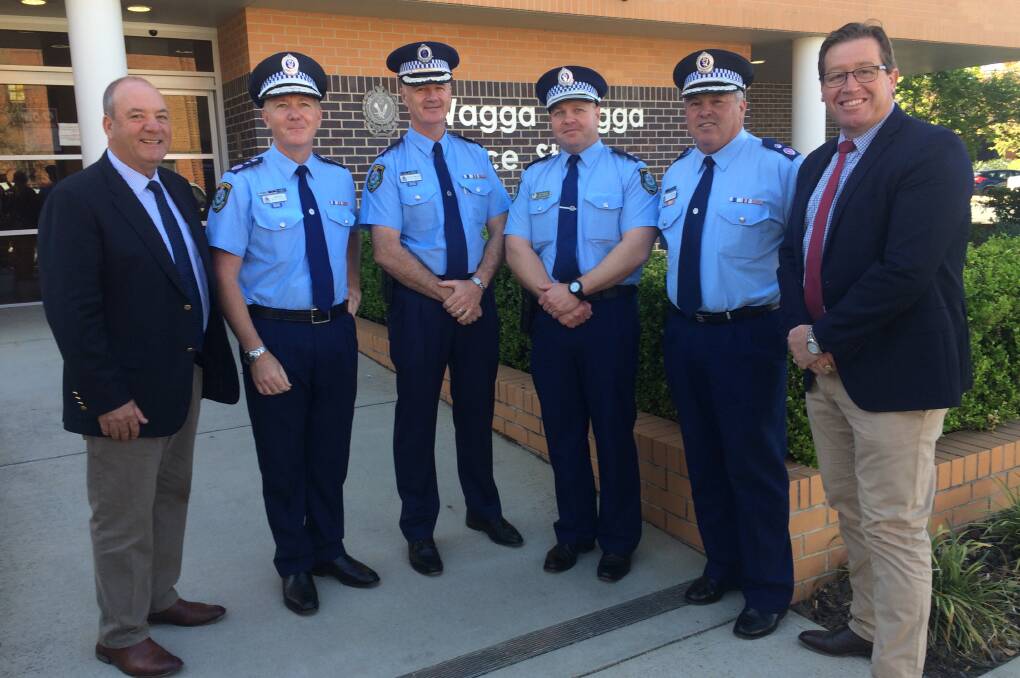 ANNOUNCEMENT: In Wagga this week (from left) Wagga MP Daryl Maguire, NSW Police Commissioner Mick Fuller, Southern Regional Commander Peter Barrie, Wagga Superintendent Bob Noble, NSW Deputy Commissioner Gary Worboys, and NSW Police Commissioner Troy Grant. Picture: Marguerite McKinnon