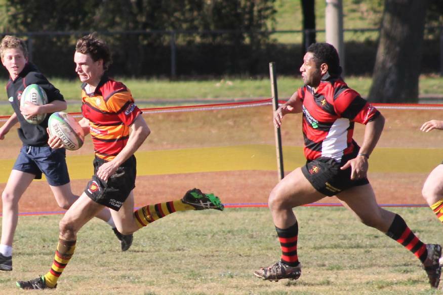 GUNNING IT: Last week's four-try hero Berkerley Hardie makes a break against West Wyalong. The Tricolours are aiming for their fifth straight win this Saturday. Picture: Cootamundra Herald
