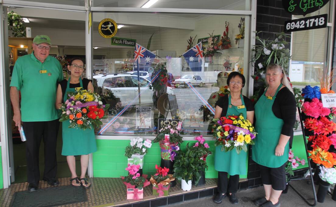 FLORAL HONOUR: The staff of Elizabeth Anne Florist and Gifts have displayed an Anzac themed window every year for over four decades. Picture: Lachlan Grey. 