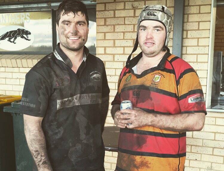 POST-MATCH SMILES: Adam Troy (Grenfell) and Corey Nicholson (Coota) relax after the Tricolours-Panthers game on Saturday, won 27-14 by the Tricolours. Picture: Facebook