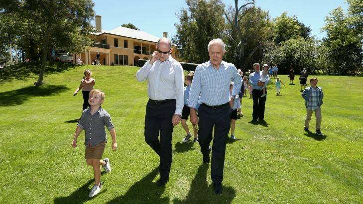 Stuart Robert with Prime Minister Malcolm Turnbull at family day at The Lodge on Sunday. Photo: Alex Ellinghausen