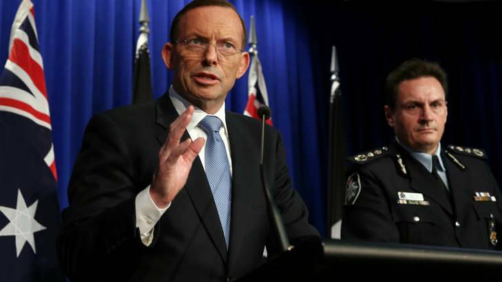 Prime Minister Tony Abbott, with AFP Commissioner Tony Negus on Friday. Photo: Alex Ellinghausen