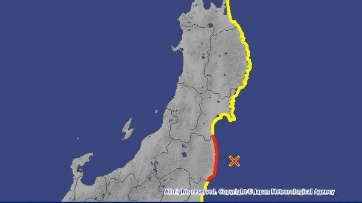 A tsunami warning has been issued for the area of coastline marked in red; the area of coastline in yellow has been issued a tsunami advisory.  Photo: Japan Meteorogical Agency.