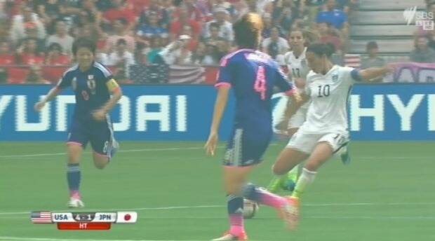 Carli Lloyd shoots from the half-way line and scores. Photo: SBS