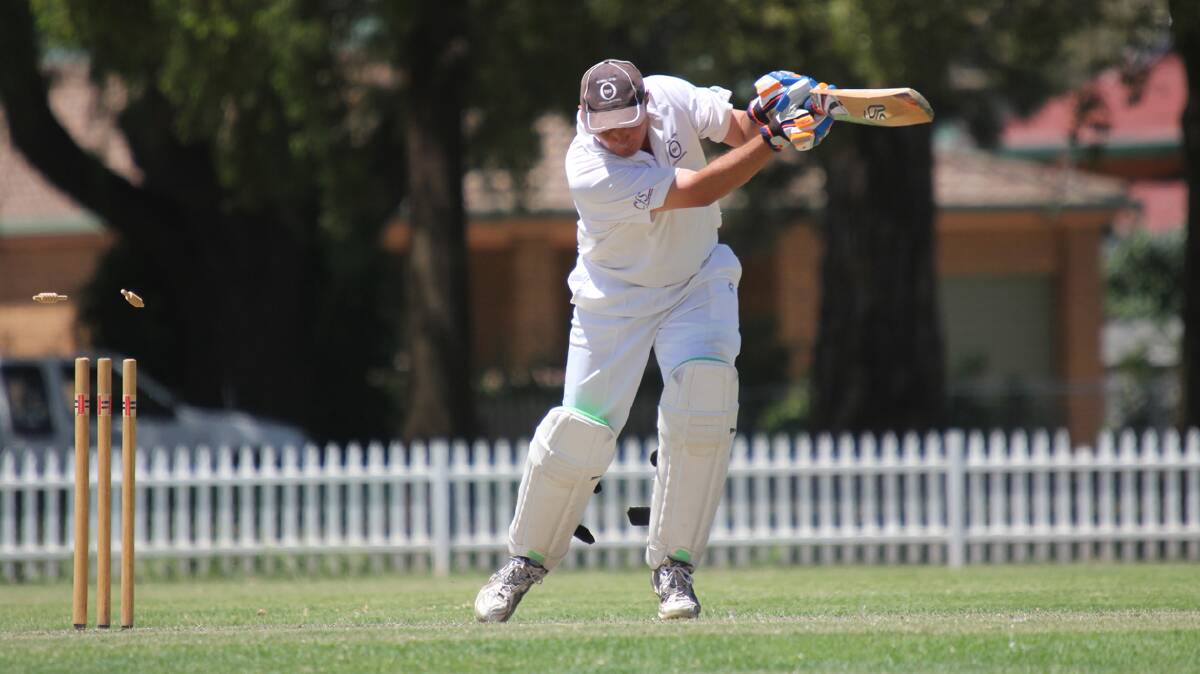 CLEAN BOWLED: The bails fly as Darren Connell is knocked over for 10 against the Temora Tornadoes on the weekend. 

Photo: Michael Van Baast 

