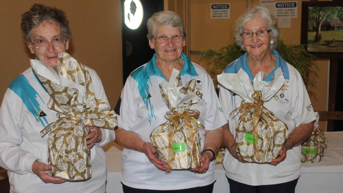  RUNNERS UP: Rhonda Nolan, Joan Cummins and Lynne Eccleston accept their runners up prize at the Cootamundra Ex Services Women’s bowls presentation which was held at the Ex Services Club on Wednesday.