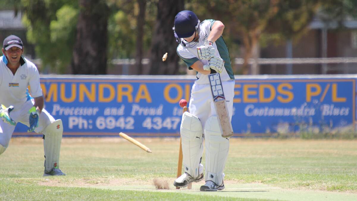 BOWLED HIM: pictured is Country Club batsman Judd Kerrison being bowled by a Sam Annetts delivery at Clarke Oval on Saturday. 

Photo: Michael Van Baast