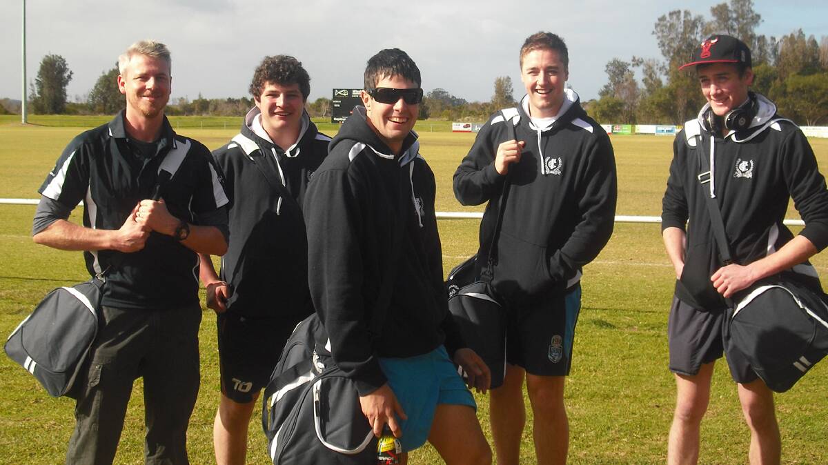 GETTING READY: Coota Blues before the game at Batemans Bay on Saturday (from left)  Jonny  England, Liam Frilay, Tom Cronin, Joel Pearson and Luke Johnston.
