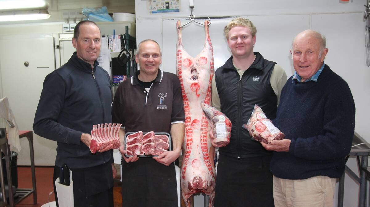 AWARD WINNING PRODUCT: Showcasing the Hillside Texel Lamb which won three silver medals at LambEx this month are (from left) Cootamundra Butchery’s Dave Jarvis, Anthony Dean, Michael Taylor and Hillside owner and producer Andrew Roberts. 