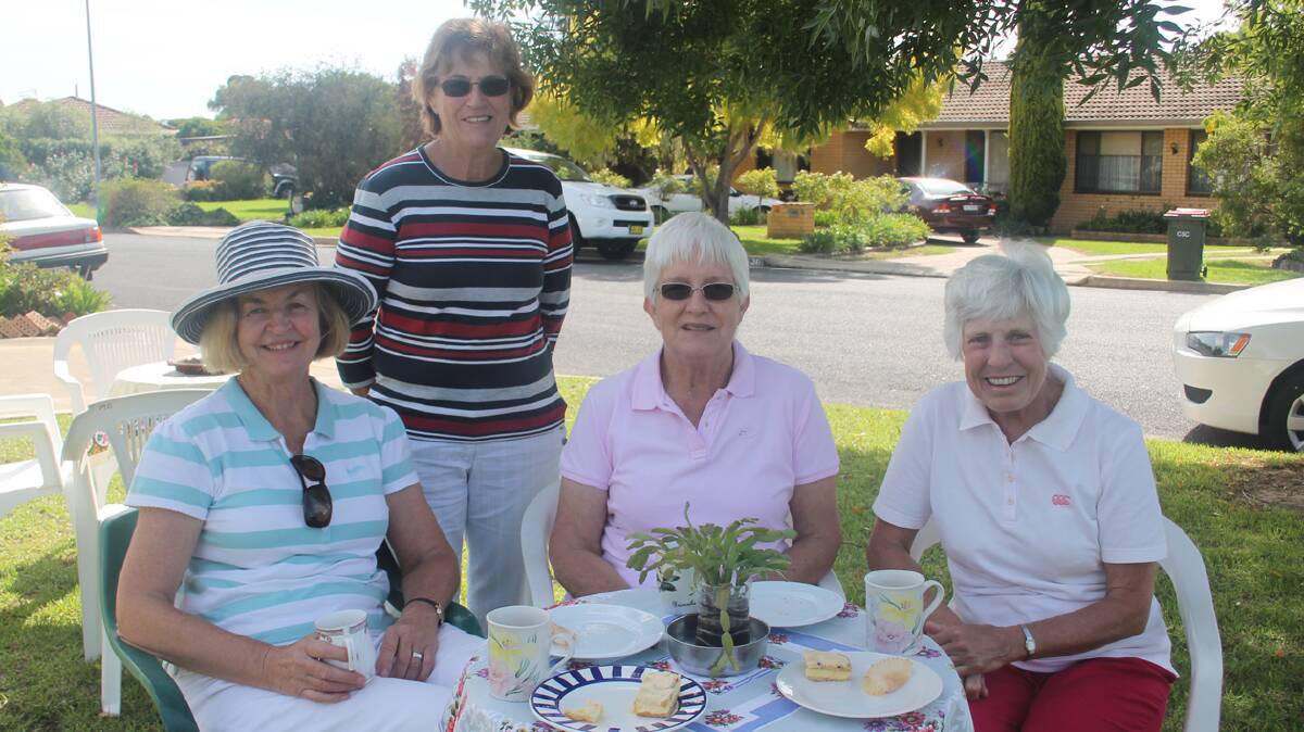 ALL DAY CUPPA:
I called yesterday to visit marvellous couple Tom and Jill Dodwell, just ‘run off their feet’ hosting their once a year effort for Cootamundra’s Can Assist All Day Cuppa. There were many ladies present, the tables were ‘groaning’ with yummy goodies and committee ladies from Can Assist were very busy girls!
Pictured here in the Dodwell garden were (from left) Pam Malone, Lesley Manwaring,  Gwenda Flanigan and Judy Cant.
These ladies had just finished their Tuesday morning tennis event and decided to adjourn to the Dodwells to support a good cause.
