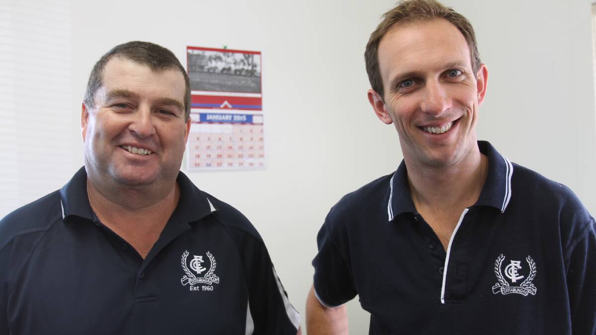 BLEED BLUE: Cootamundra Blues Football Club president Todd Basham and coach Chris Drum are excited for a season of new challenges following last year’s premiership glory.