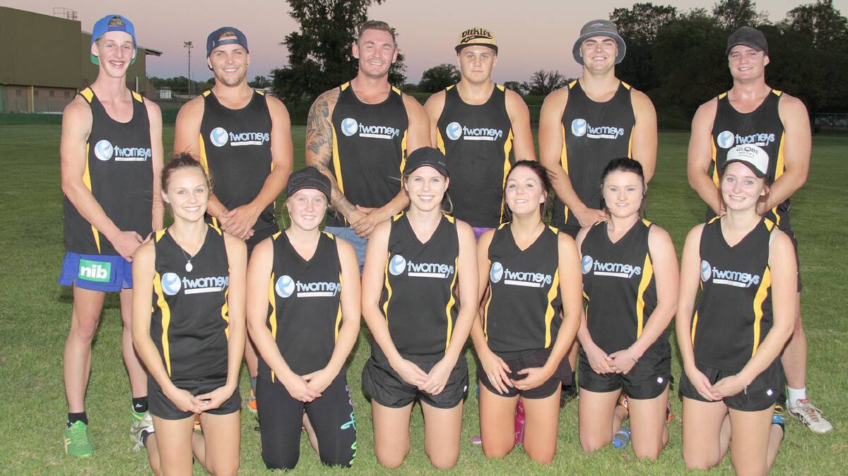  A GRADE CHAMPIONS: Pictured are the victorious Twomeys team who triumphed in the Unisex  A grade final on Monday night. Back (from left) are Alex Jones, Ryan Miller, Chris Maher, Haydn Cowled, Matt Forsyth and Jordyn Ballard. Front (from left) are Renae Glanville, Cara Phillis, Sarah Walsh, Madison Byrne, Tahlia Hotston and Ashleigh Willoughby. 
Photo: Kelly Manwaring