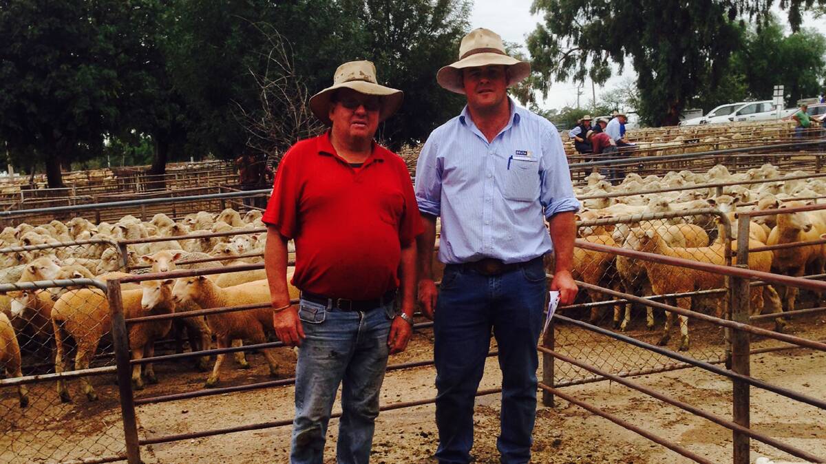 TOPPED THE MARKET: Kevin Williamson of ‘Oak Hill’ Bethungra is pictured with selling agent Lachlan Bassingthwaighte of Delta Agribusiness. Kevin’s lambs topped the market for the day at $162.