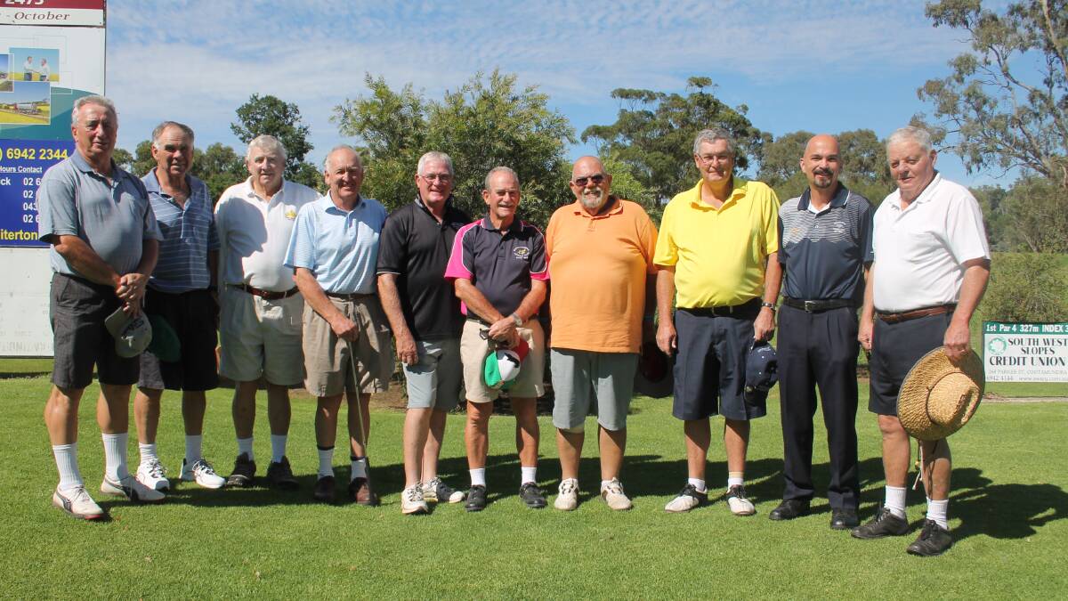  ALL SET: They started with 10 and one by one the contenders were eliminated in Sunday’s Triple C Challenge final. Prior to teeing off on the first were (from left) Graeme Goodman, Geoff Byrne, Doug Tozer, John Brooker, Steve Buttriss, Clarrie Power, Allan Bear, Garry Mason, Barry Duggan and Jim Smith. Sixty golfers played in the nine qualifying rounds before last Sunday with the top 10 sorted out based on the best three scores across the nine rounds. 