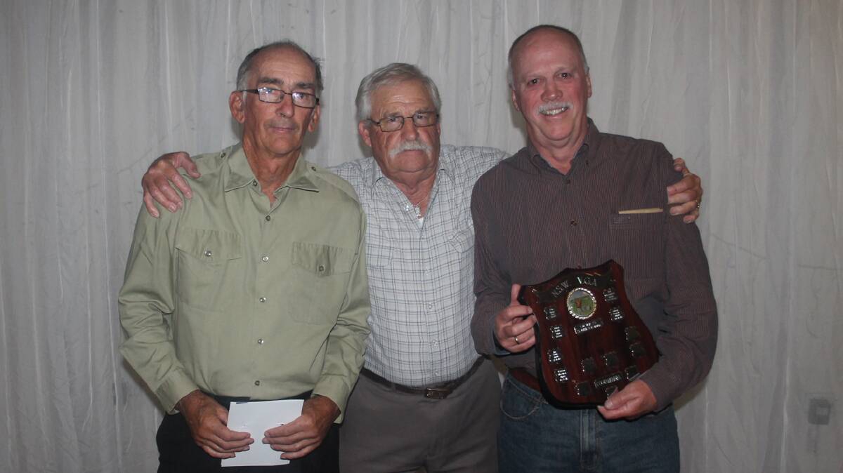  GOOD WEEK: The men’s winners of the NSW Veteran’s Golf Association trophies were both from Cootamundra, Des Row in second place on 39 points, just being pipped on a countback by David Hume. The gentlemen are pictured with Col Darley of the NSWVGA. 