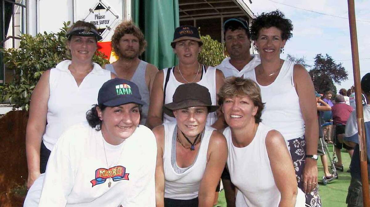 ALBION BEACH BUMS: Taking a break during the inaugural carnival in 2001 are (back, from left) Lesley Cheshire, David de Belin, Melissa Berkrey, Wayne Berkrey and Michelle Levy (front) Janet McAtear, Cath de Belin and Debbie Millington. Team member Graeme Cheshire was absent from photo. 
