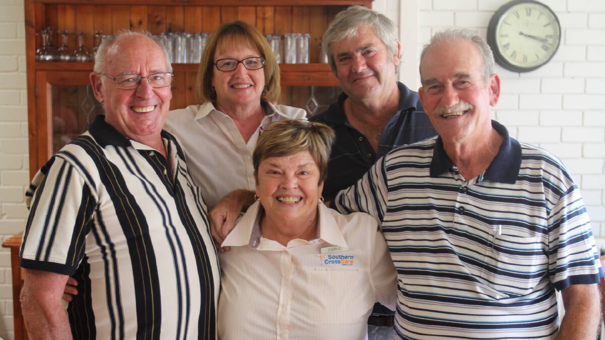  SPECIAL AFTERNOON TEA: pictured back (from left) are Deidre McKinnon and David Cram. Front (from left) are Eddy Williams, Carol Campbell and Clarrie Power. The Cootamundra Retirement Village held a special afternoon tea on Wednesday to farewell it’s bus drivers.
