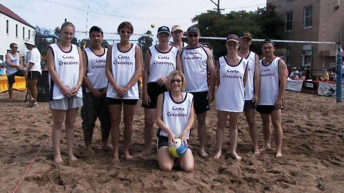  COOTA CRUSADERS: Posing before a game in the first ever Coota Beach Volleyball Carnival back in 2001 are (back, from left) are Belinda Fallon, Daniel Fallon, Cherylann Fleming, Renae Hinds, Andrew Spyer, David Douglas, Jennifer Payne, Chris Hourn and Brian Fallon (front) Hannah Morton. 
