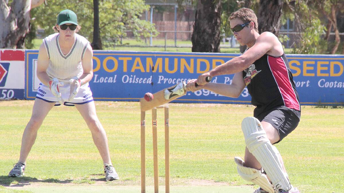 CUT SHOT: Pictured is Lindsay Butt playing for the Coota Thunder in the annual seven a side cricket carnival which was held on Australia Day. 
Photo: Kelly Manwaring
