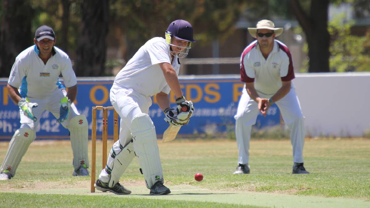  BLOCK: Country Club batsman Zac Craw plays a defensive stroke in his side’s Sparre Cup match against Stockinbingal on Saturday. 
Photo: Michael Van Baast