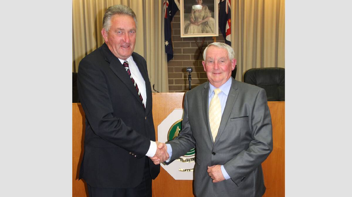  TEAM AT THE TOP: Cootamundra deputy mayor Dennis Palmer and mayor Jim Slattery following Monday night’s mayoral vote at the ordinary meeting of Cootamundra Shire Council. 