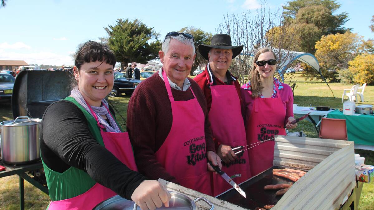  HELPING OUT: Cootamundra mayor Jim Slattery has been a great supporter of the Cootamundra Community Soup Kitchen, hardly missing a week to assist with everything from meal prep to washing dishes. He he is part of the catering team at the recent Jaguar expo at the airport. Pictured (from left) are Sam McNally, Cr Slattery, Phil Allen and Danielle Allen.