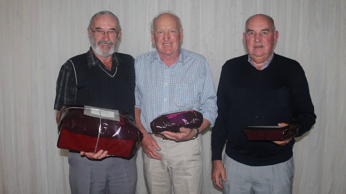 CONGRATULATIONS: Taking the honours in Men’s Division II from the Vet’s Week of Golf 36 hole comp were (from left) Greg Lynch of Cootamundra on 65 points in first place on a countback from John Brooker also of Cootamundra and Kel Schrieber of Kiama on 63 points. 