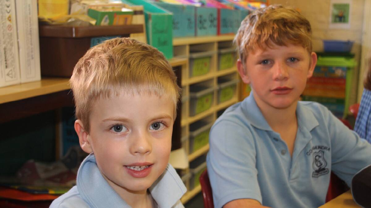  NEW STUDENT: Pictured (left) is new kindergarten student Henry Jarvis with his year 5/6 buddy Ethan Blackney at Cootamundra Public School on Monday.
