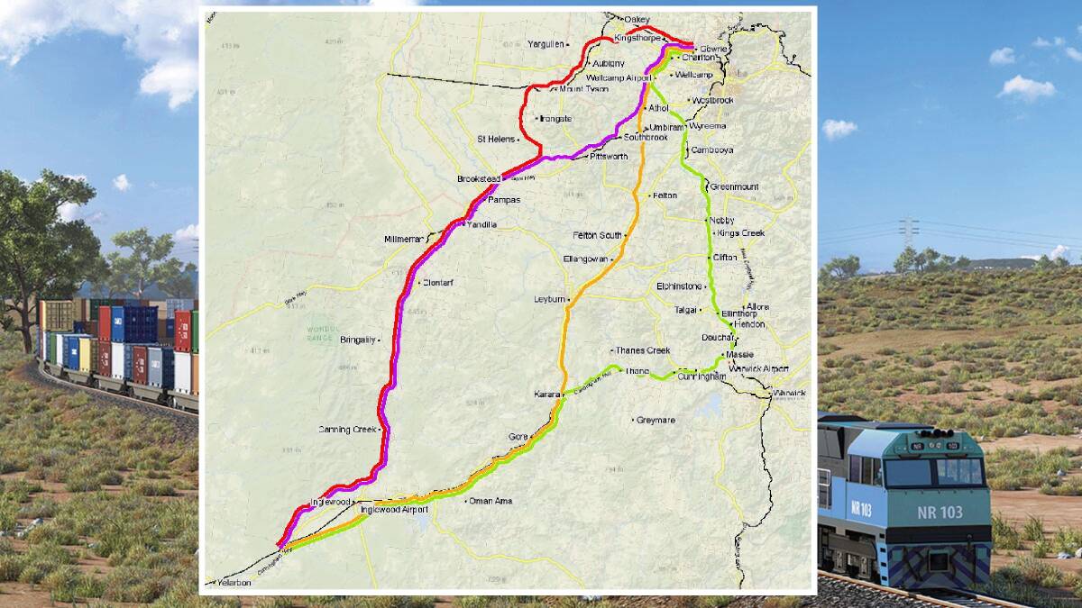 POSSIBLE ROUTES: Purple - Yelarbon through Millmerran. Yellow - through Karara and Leyburn. Green - route closer to Warwick. Red - connection to the Charlton and Wellcamp areas. Map - ARTC