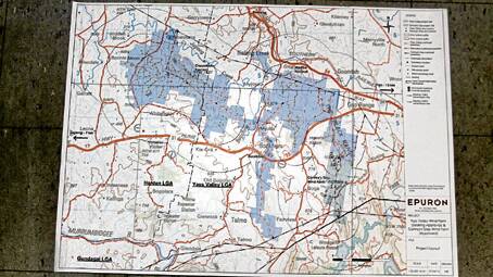 THE AREA AFFECTED: pictured is a map showcasing the proposed area of the Yass Valley Wind Farm (shaded blue) with the green shaded area to the bottom right of the map the already approved Conroy’s Gap Wind Farm. Each of the yellow dots denotes a proposed wind turbine with the red dots in the Conroy’s Gap area the location of approved turbines. Jugiong sits just to the left of the map.   