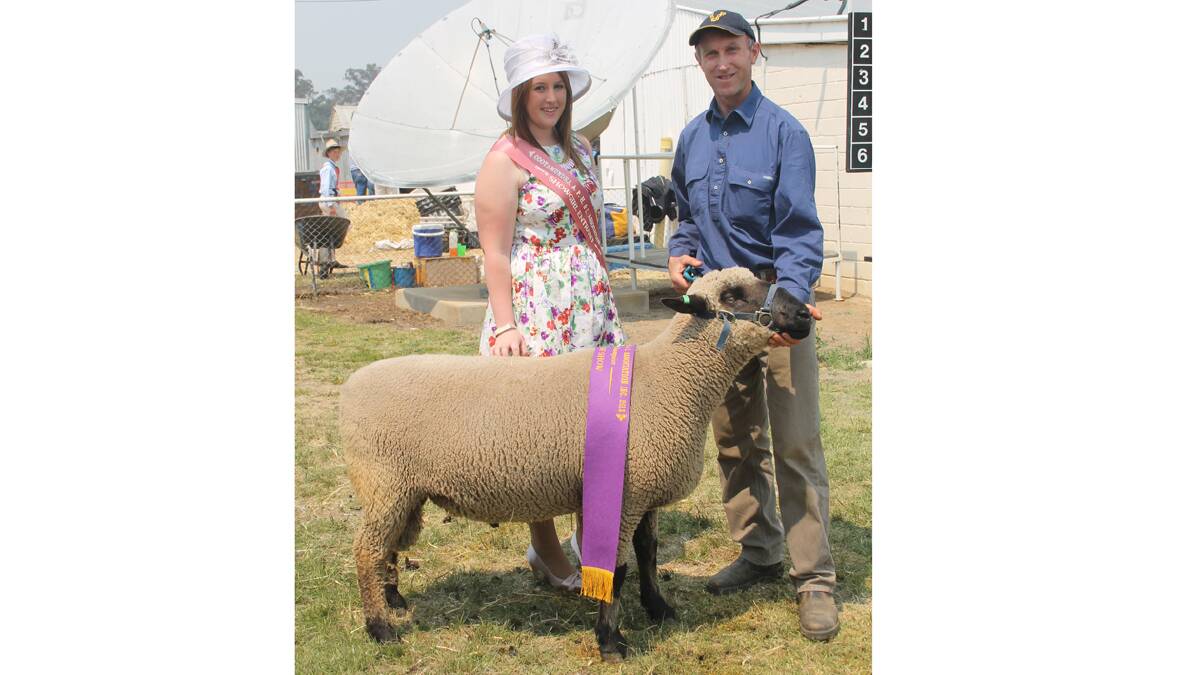 CHAMPION: Murray Roberts from Rolling Hills Hampshire Down Stud and his Hampshire down ram who took out ‘Champion Sheep of the Show’ with Showgirl entrant Cassie Parkinson who was on hand to sash the prize winning ram.  Photo: Melinda Chambers 