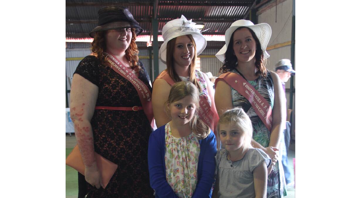 ALL GORGEOUS: Showgirl entrants (back, from left) Anna Ingold, Cassie Parkinson and Ellie Morton join Abbie and Xanthe Tozer prior to the official opening of the Coota Show on Saturday.   Photo: Melinda Chambers
