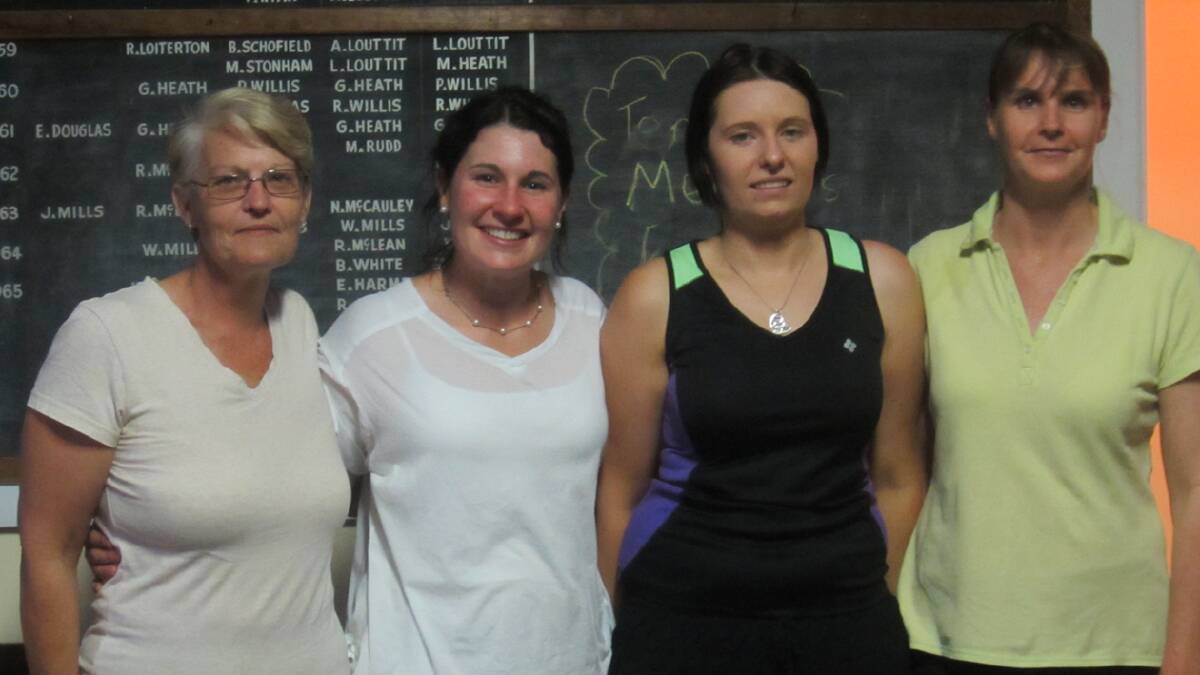 CHAMPIONS: pictured (from left) are Alison Mills,  Fiona Bassingthwaighte, Kylie Purtell, Kerry Kostrubic. The team, known collectively as the Bassingthwaightes won the recent women’s tennis finals held on Monday night. Runners up were the Bodycotts team of Liz Bodycott, Lyn Louttit, Morella Paton and Sharon Cooper.