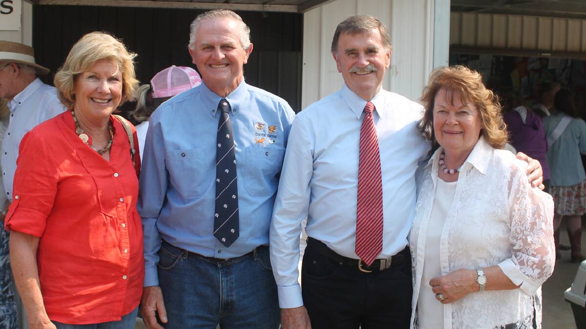  WONDERFUL DAY: Enjoying a catchup prior to the official opening of the 123rd Cootamundra Show on Saturday are (from left) Georgina Ward, APH and I president Geoff Larson and official show openers Alby and Gloria Schultz. During the opening Alby and Gloria were awarded life membership to the APH and I Association. 
