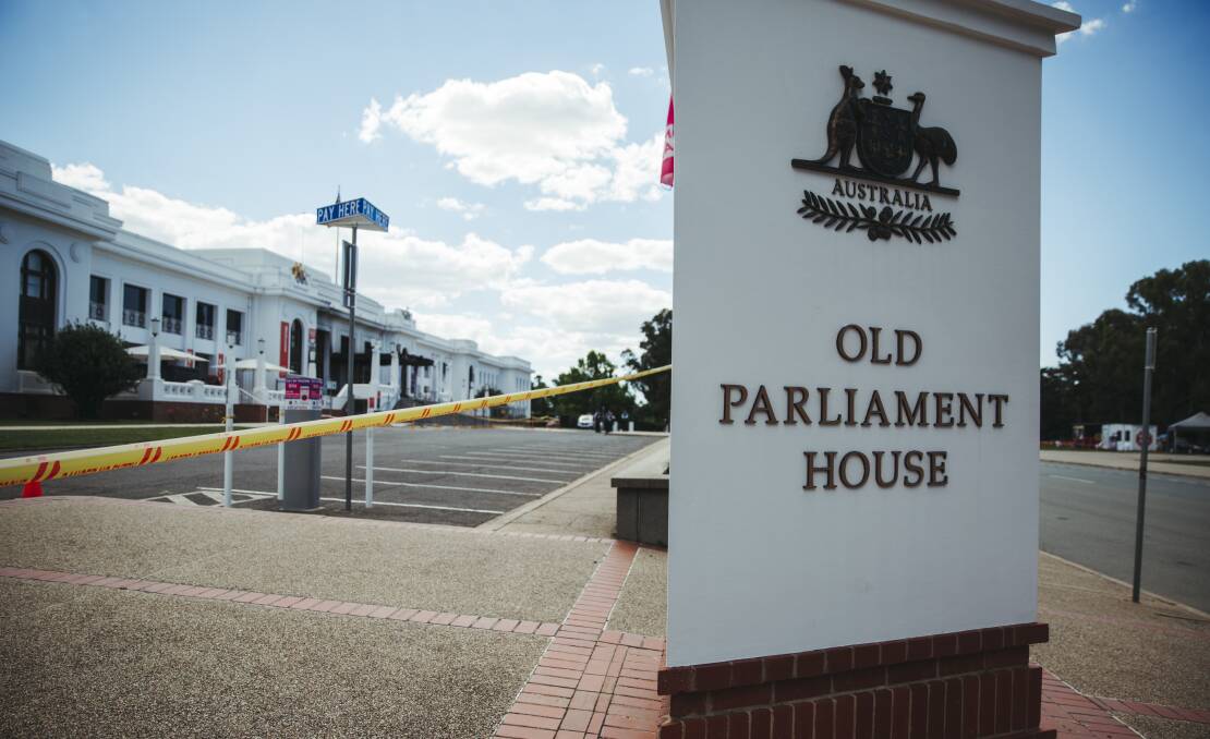 Old Parliament House remains closed after a fire damaged its front doors and portico area. Picture: Dion Georgopoulos